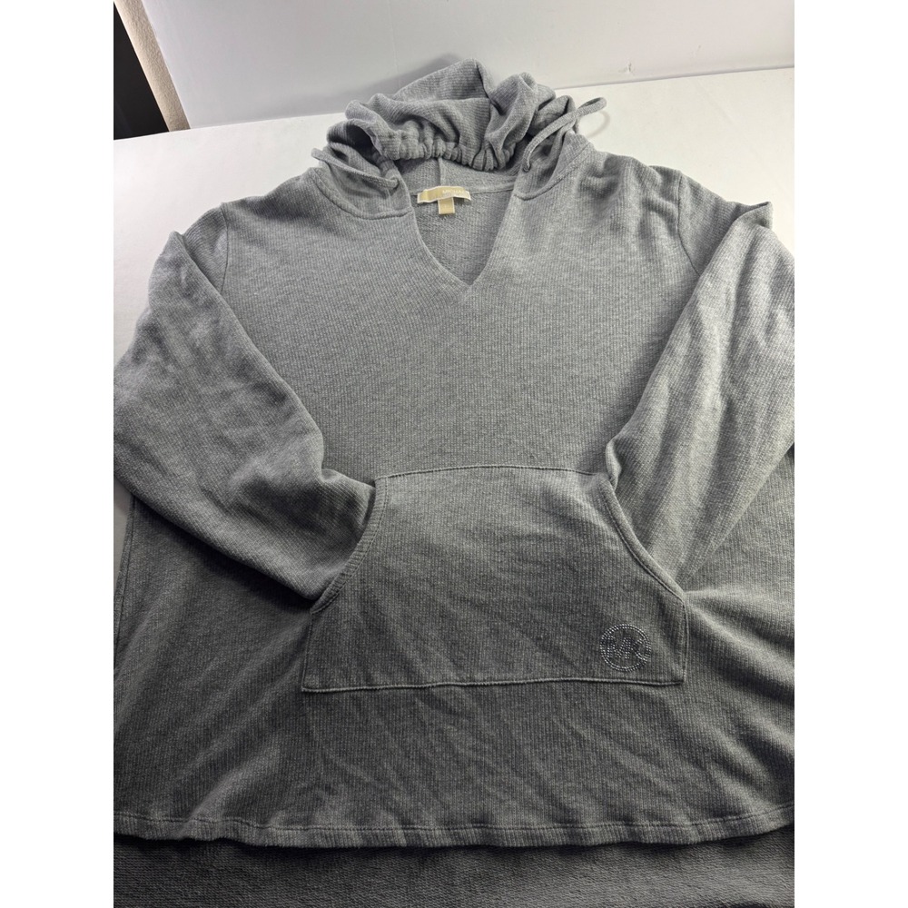 Michael Kors Gray Waffle Knit Rhinestone Logo V-Neck Hoodie Womens 3X LF85FZD6XM